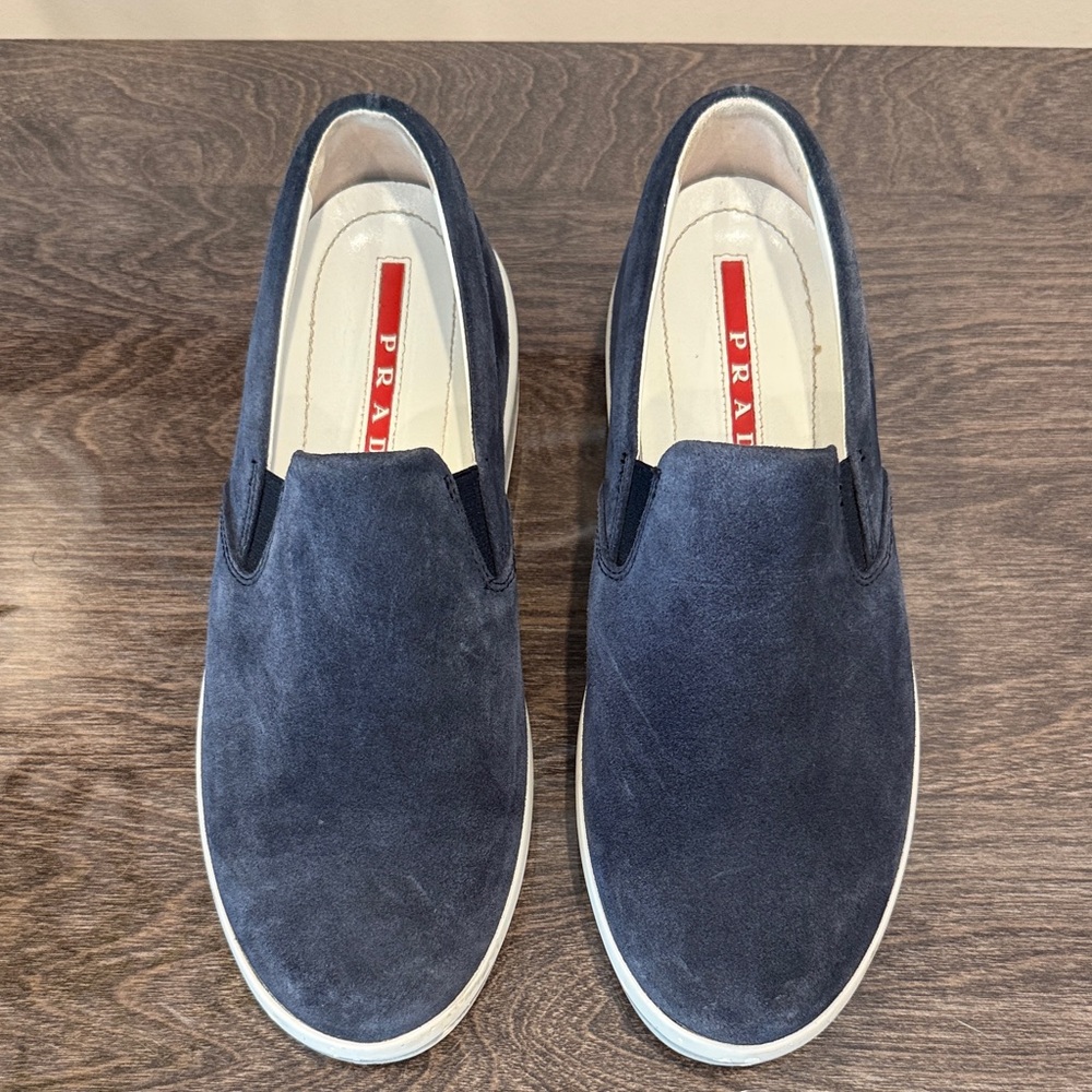 Prada Women Dark Blue Suede Slip-Ons. Authentic